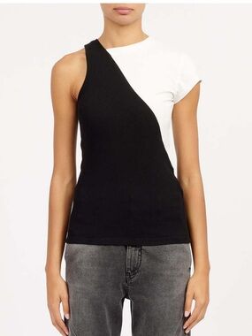 MM6 Maison Margiela Cotton Blend Black White Colorblock Asymmetric Tee Top Sz. S